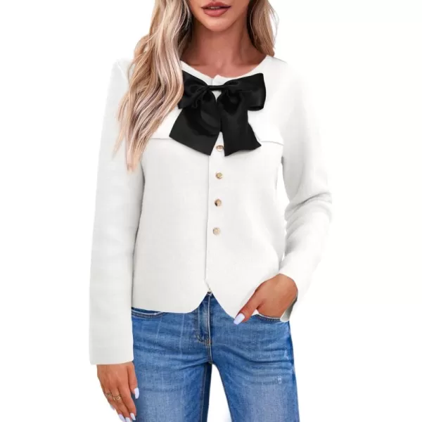 imageSaodimallsu Womens Button Down Cropped Cardigan Sweaters Cute Bow Long Sleeve Crew Neck Knit Sweater Jacket CoatWhite