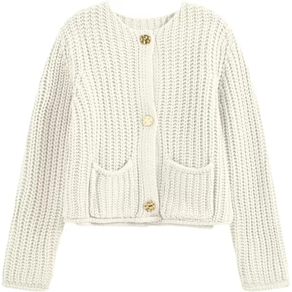 imageSaodimallsu Womens Button Up Sweaters Fall Chunky Knit Trendy Crewneck Open Front Loose Cardigan with PocketsBeige