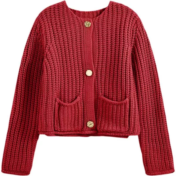 imageSaodimallsu Womens Button Up Sweaters Fall Chunky Knit Trendy Crewneck Open Front Loose Cardigan with PocketsRed