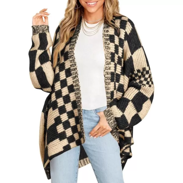 imageSaodimallsu Womens Checkered Sweater Color Block Plaid Cardigans Oversized Long Sleeve Knit Open Front CoatsApricot