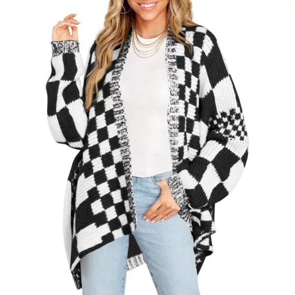 imageSaodimallsu Womens Checkered Sweater Color Block Plaid Cardigans Oversized Long Sleeve Knit Open Front CoatsBlackwhite