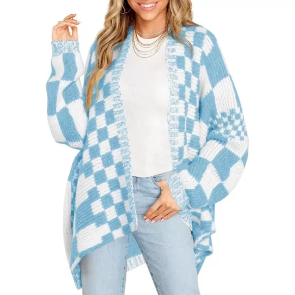 imageSaodimallsu Womens Checkered Sweater Color Block Plaid Cardigans Oversized Long Sleeve Knit Open Front CoatsBlue