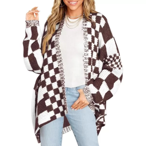 imageSaodimallsu Womens Checkered Sweater Color Block Plaid Cardigans Oversized Long Sleeve Knit Open Front CoatsBrown