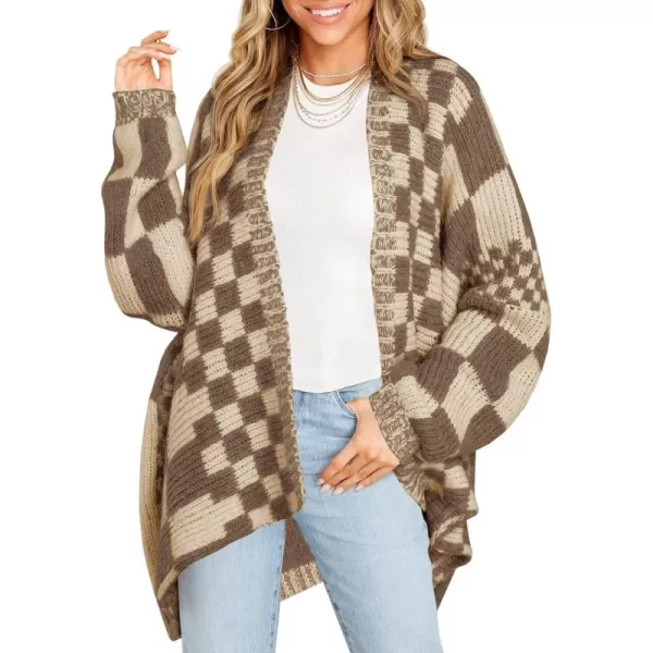 imageSaodimallsu Womens Checkered Sweater Color Block Plaid Cardigans Oversized Long Sleeve Knit Open Front CoatsDark Khaki