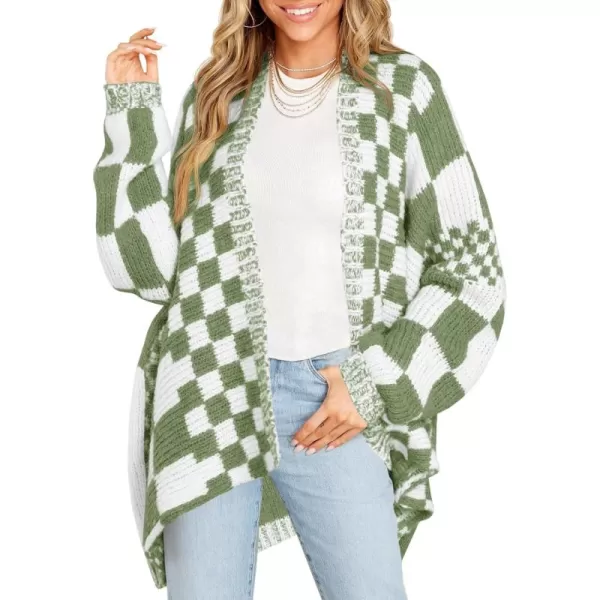 imageSaodimallsu Womens Checkered Sweater Color Block Plaid Cardigans Oversized Long Sleeve Knit Open Front CoatsGreen