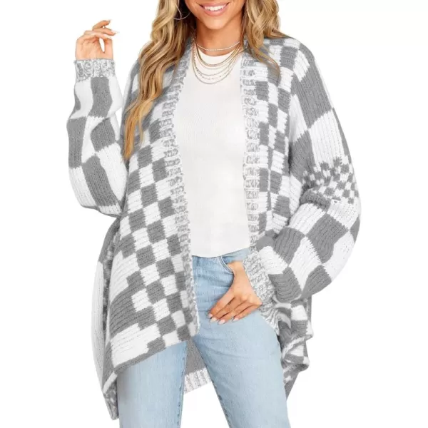 imageSaodimallsu Womens Checkered Sweater Color Block Plaid Cardigans Oversized Long Sleeve Knit Open Front CoatsGrey