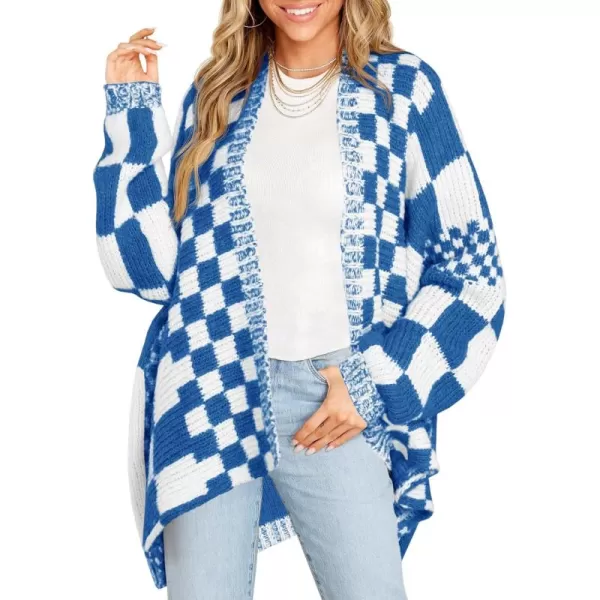 imageSaodimallsu Womens Checkered Sweater Color Block Plaid Cardigans Oversized Long Sleeve Knit Open Front CoatsNavy Blue