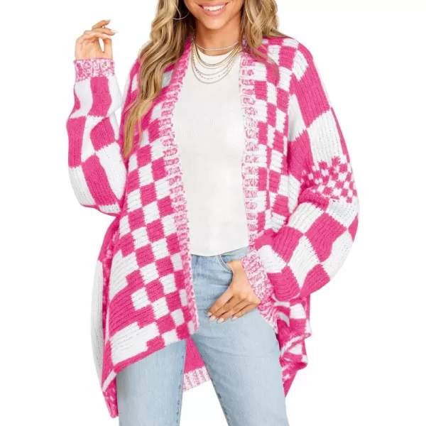 imageSaodimallsu Womens Checkered Sweater Color Block Plaid Cardigans Oversized Long Sleeve Knit Open Front CoatsPink