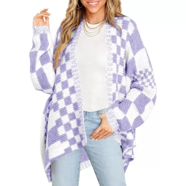 imageSaodimallsu Womens Checkered Sweater Color Block Plaid Cardigans Oversized Long Sleeve Knit Open Front CoatsPurple