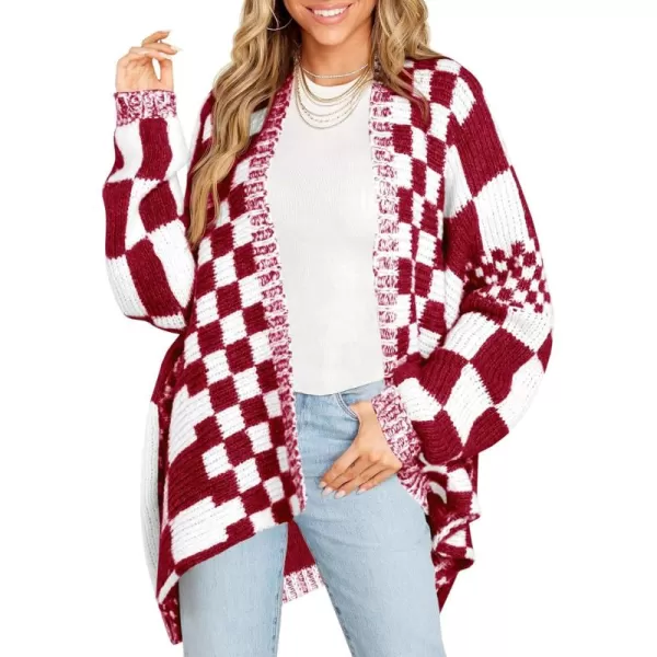 imageSaodimallsu Womens Checkered Sweater Color Block Plaid Cardigans Oversized Long Sleeve Knit Open Front CoatsRed