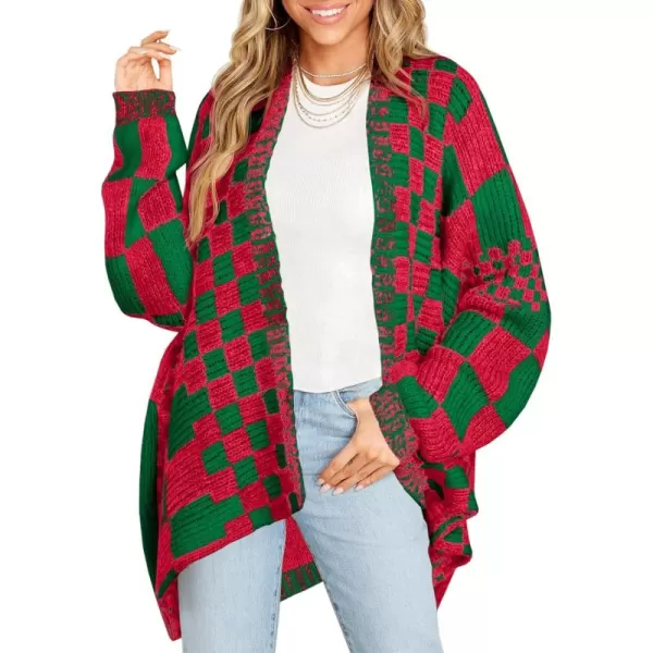 imageSaodimallsu Womens Checkered Sweater Color Block Plaid Cardigans Oversized Long Sleeve Knit Open Front CoatsRedgreen