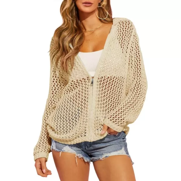 imageSaodimallsu Womens Crochet Lightweight Cardigans Zip Up Hooded Long Sleeve Knit Sweaters Mesh Beach Swim Cover UpApricot