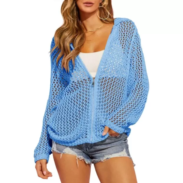 imageSaodimallsu Womens Crochet Lightweight Cardigans Zip Up Hooded Long Sleeve Knit Sweaters Mesh Beach Swim Cover UpBlue