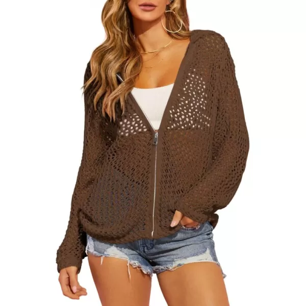 imageSaodimallsu Womens Crochet Lightweight Cardigans Zip Up Hooded Long Sleeve Knit Sweaters Mesh Beach Swim Cover UpCoffee