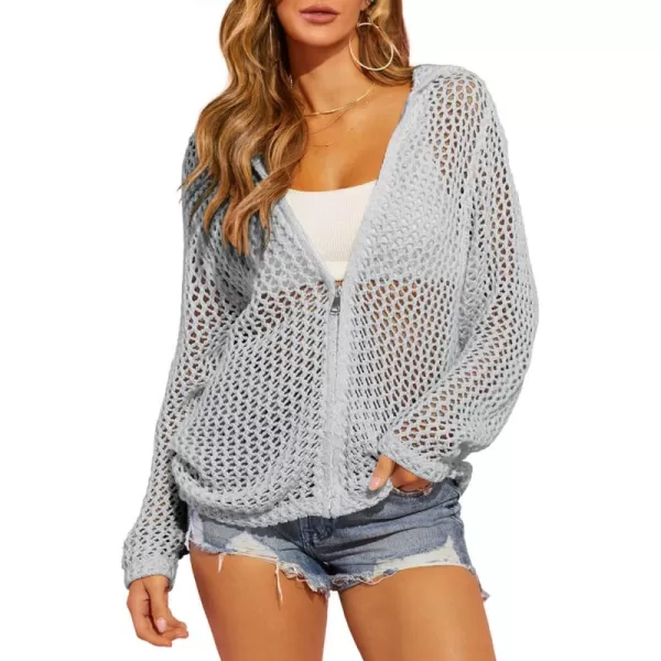 imageSaodimallsu Womens Crochet Lightweight Cardigans Zip Up Hooded Long Sleeve Knit Sweaters Mesh Beach Swim Cover UpGrey