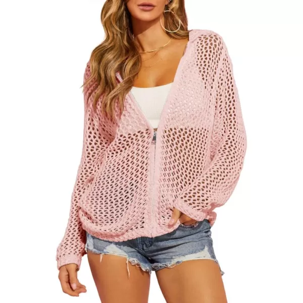 imageSaodimallsu Womens Crochet Lightweight Cardigans Zip Up Hooded Long Sleeve Knit Sweaters Mesh Beach Swim Cover UpLight Pink