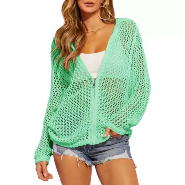 imageSaodimallsu Womens Crochet Lightweight Cardigans Zip Up Hooded Long Sleeve Knit Sweaters Mesh Beach Swim Cover UpMint Green