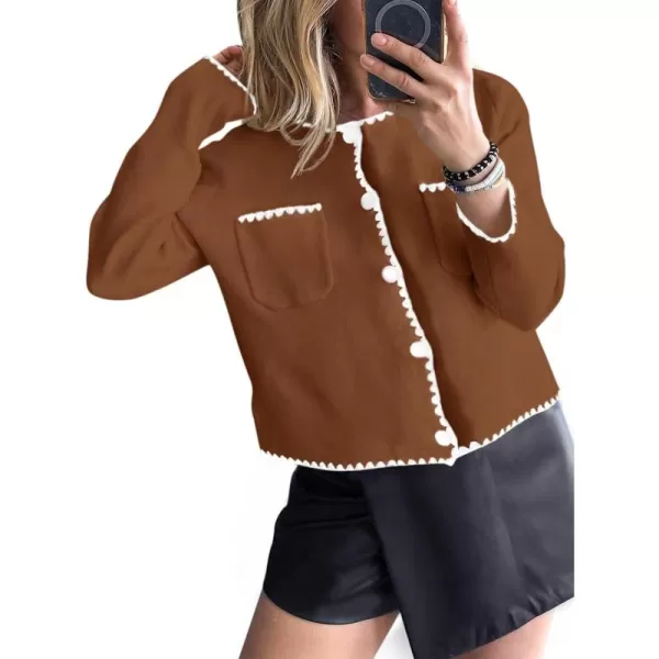 imageSaodimallsu Womens Cropped Cardigan Sweaters Crewneck Long Sleeve Button Down Knit Open Front Jacket with PocketBrown