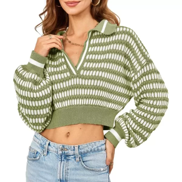 imageSaodimallsu Womens Cropped Striped Sweater V Neck Sexy Knit Collared Long Puff Sleeve Cotton Pullover TopGreen