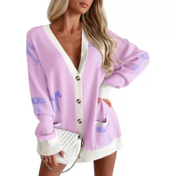 imageSaodimallsu Womens Oversized Cardigan Sweaters Bow Printed Button V Neck Long Sleeve Loose Knit Fall Trendy CoatsPink Purple