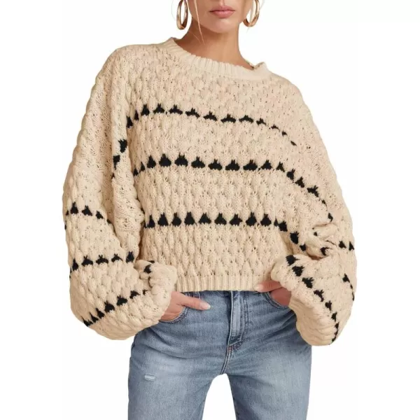 imageSaodimallsu Womens Oversized Sweaters Striped Long Lantern Sleeve Crew Neck Fall Trendy Knit Pullover SweaterKhaki