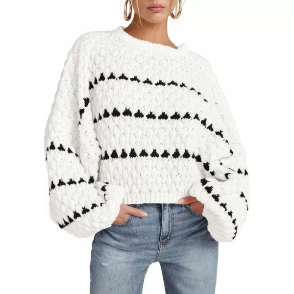 imageSaodimallsu Womens Oversized Sweaters Striped Long Lantern Sleeve Crew Neck Fall Trendy Knit Pullover SweaterWhite