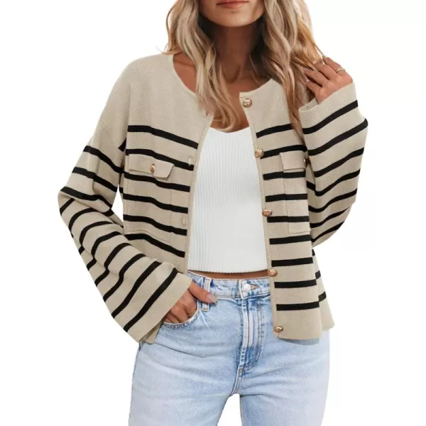 imageSaodimallsu Womens Striped Button Down Cardigan Sweaters Long Sleeve Crew Neck Trendy Knit Sweater JacketBeige