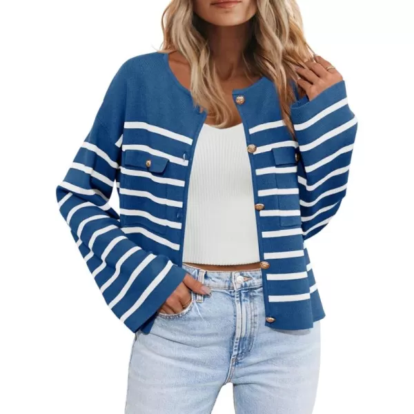 imageSaodimallsu Womens Striped Button Down Cardigan Sweaters Long Sleeve Crew Neck Trendy Knit Sweater JacketBlue