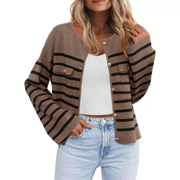 imageSaodimallsu Womens Striped Button Down Cardigan Sweaters Long Sleeve Crew Neck Trendy Knit Sweater JacketBrown