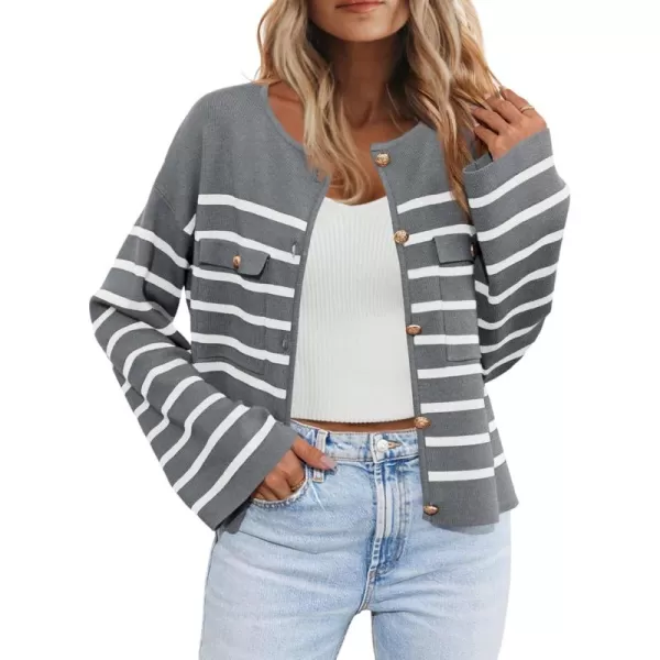 imageSaodimallsu Womens Striped Button Down Cardigan Sweaters Long Sleeve Crew Neck Trendy Knit Sweater JacketGrey