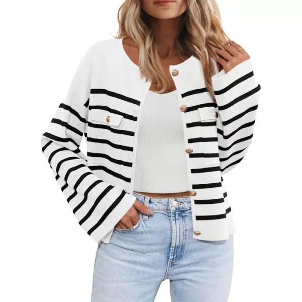 imageSaodimallsu Womens Striped Button Down Cardigan Sweaters Long Sleeve Crew Neck Trendy Knit Sweater JacketWhite