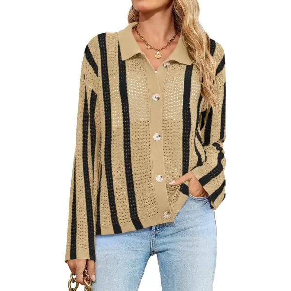 imageSaodimallsu Womens Striped Crochet Cardigan Button Summer Open Front Mesh Knit Long Sleeve V Neck Loose Trendy SweaterBeige