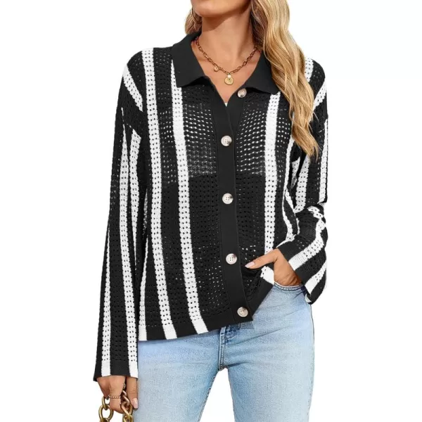 imageSaodimallsu Womens Striped Crochet Cardigan Button Summer Open Front Mesh Knit Long Sleeve V Neck Loose Trendy SweaterBlack