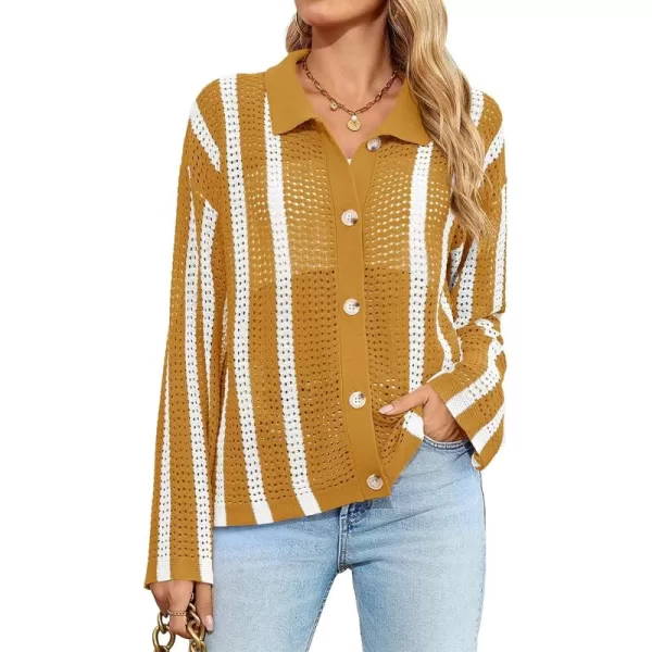 imageSaodimallsu Womens Striped Crochet Cardigan Button Summer Open Front Mesh Knit Long Sleeve V Neck Loose Trendy SweaterBrown