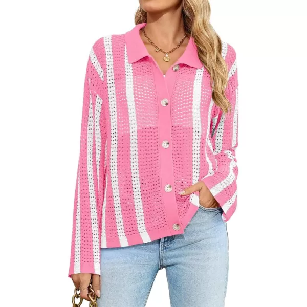 imageSaodimallsu Womens Striped Crochet Cardigan Button Summer Open Front Mesh Knit Long Sleeve V Neck Loose Trendy SweaterPink