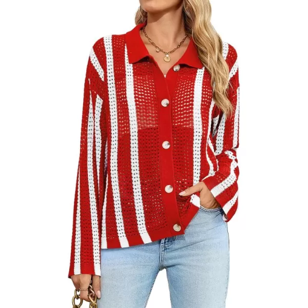 imageSaodimallsu Womens Striped Crochet Cardigan Button Summer Open Front Mesh Knit Long Sleeve V Neck Loose Trendy SweaterRed