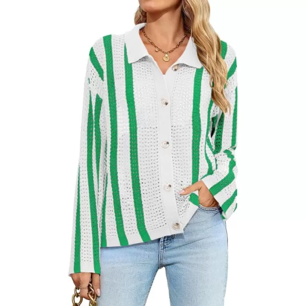 imageSaodimallsu Womens Striped Crochet Cardigan Button Summer Open Front Mesh Knit Long Sleeve V Neck Loose Trendy SweaterWhite