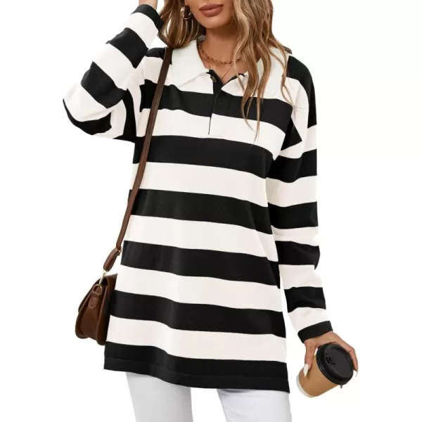 imageSaodimallsu Womens Striped Sweater Collared Color Block Long Sleeve Button Knit Tunic TopsBlack