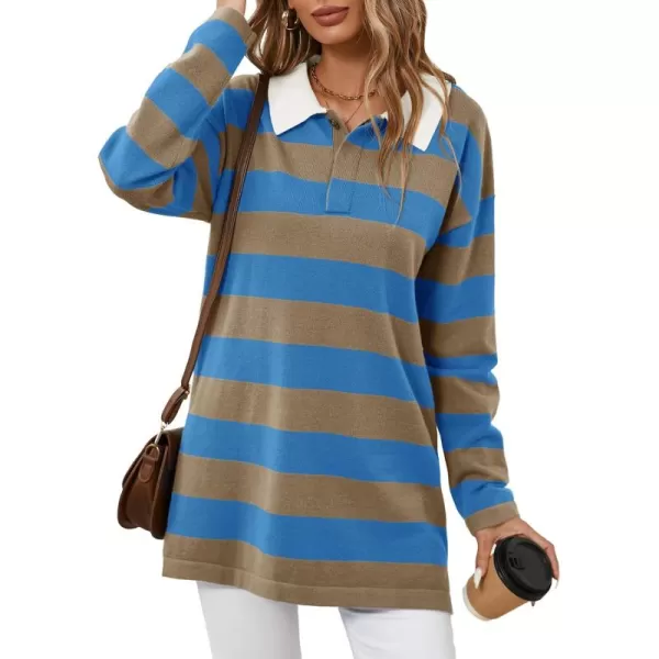 imageSaodimallsu Womens Striped Sweater Collared Color Block Long Sleeve Button Knit Tunic TopsBlue