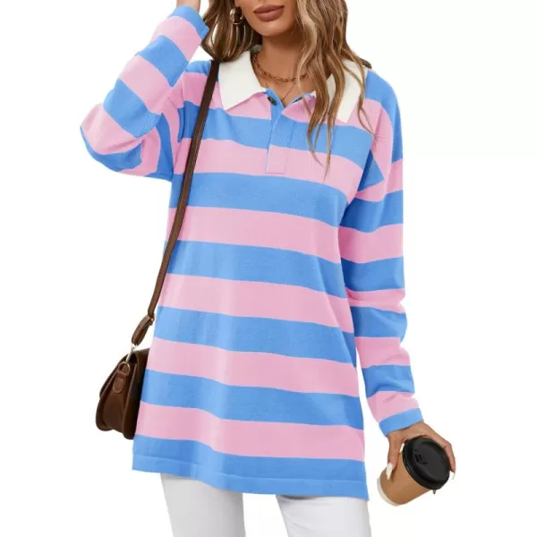 imageSaodimallsu Womens Striped Sweater Collared Color Block Long Sleeve Button Knit Tunic TopsPink