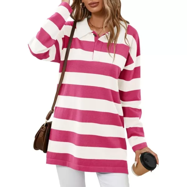 imageSaodimallsu Womens Striped Sweater Collared Color Block Long Sleeve Button Knit Tunic TopsRed