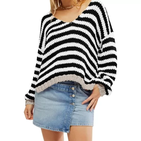 imageSaodimallsu Womens Striped Sweater V Neck Color Block Long Sleeve Loose Casual Pullover JumpersBlack and White