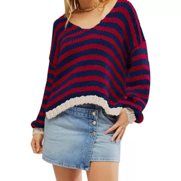 imageSaodimallsu Womens Striped Sweater V Neck Color Block Long Sleeve Loose Casual Pullover JumpersDark Red