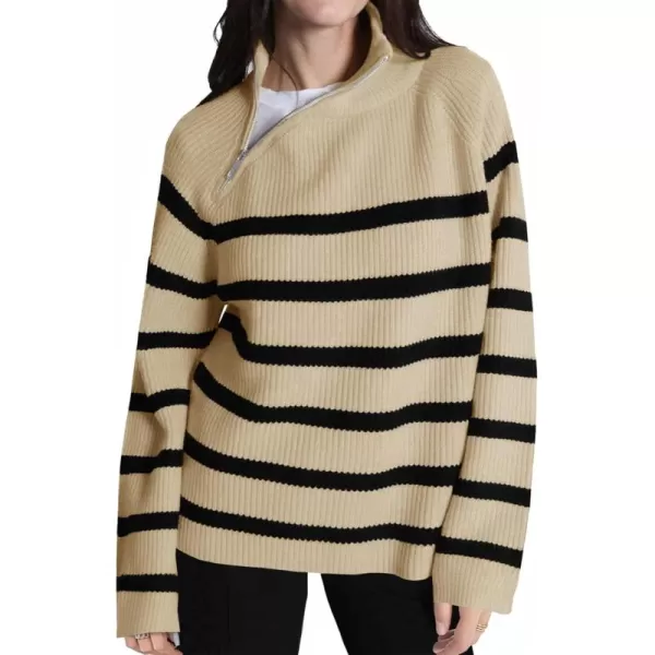 imageSaodimallsu Womens Striped Sweater Zip Mock Neck Fall Long Sleeve Oversized Trendy Loose Ribbed Knit Pullover TopsKhaki