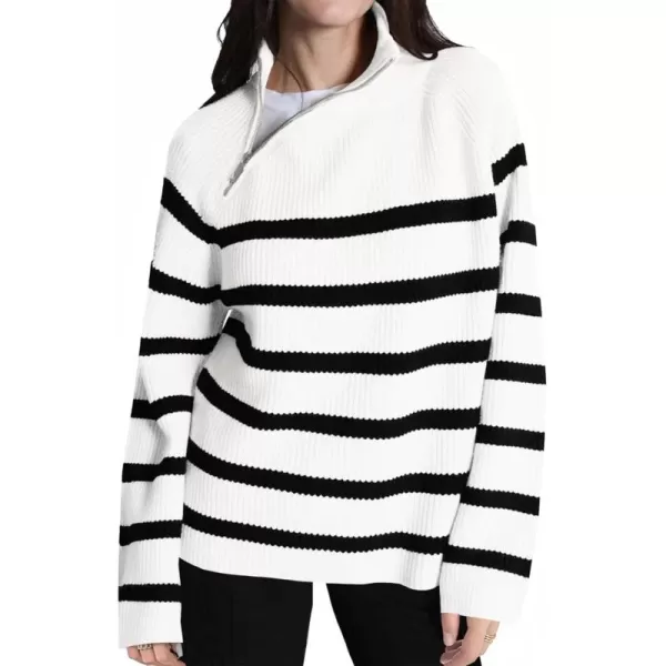 imageSaodimallsu Womens Striped Sweater Zip Mock Neck Fall Long Sleeve Oversized Trendy Loose Ribbed Knit Pullover TopsWhite