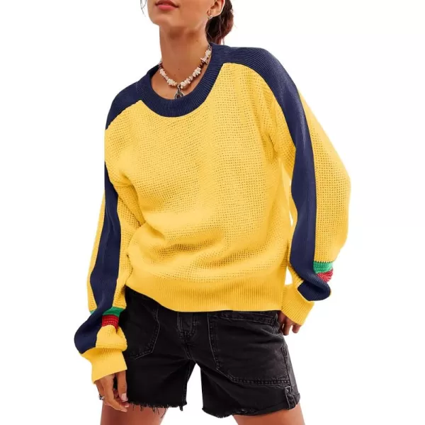 imageSaodimallsu Womens Waffle Knit Sweaters Color Block Crewneck Long Sleeve Slouchy Loose Fit Fall Trendy Pullover TopsYellow