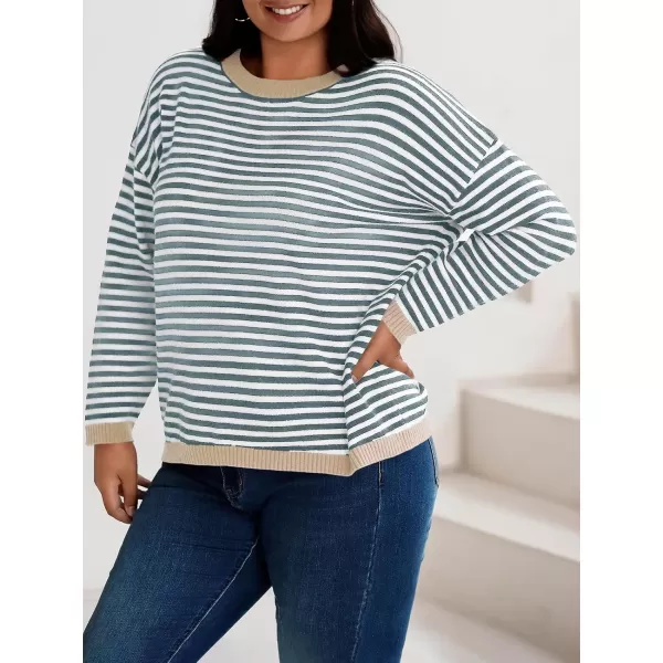 imageBeautife Womens Long Sleeve Striped Fall Sweaters Plus Size Color Block Crewneck Loose Knit Pullover Top XL5XLApricot