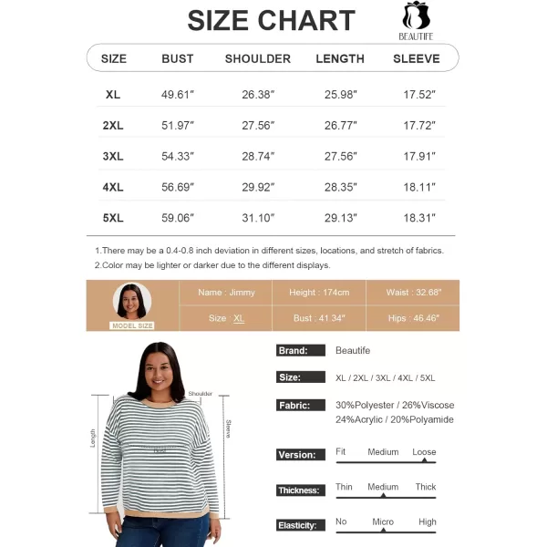 imageBeautife Womens Long Sleeve Striped Fall Sweaters Plus Size Color Block Crewneck Loose Knit Pullover Top XL5XLApricot