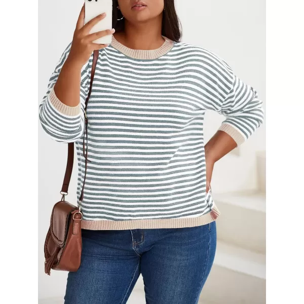 imageBeautife Womens Long Sleeve Striped Fall Sweaters Plus Size Color Block Crewneck Loose Knit Pullover Top XL5XLApricot