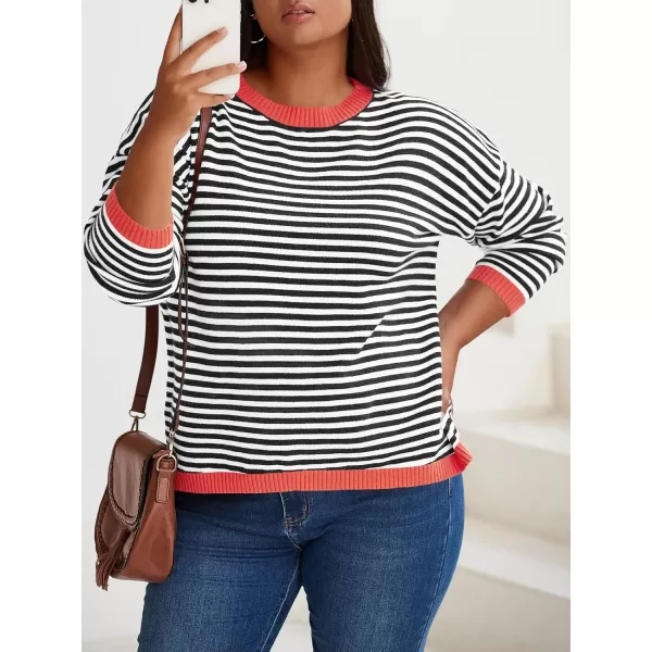 imageBeautife Womens Long Sleeve Striped Fall Sweaters Plus Size Color Block Crewneck Loose Knit Pullover Top XL5XLBlack